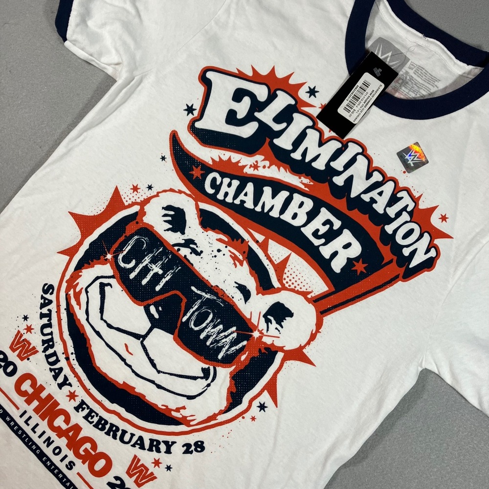 2026 Chicago Bear Ringer WWE Elimination Chamber Graphic Tee Youth L White Navy